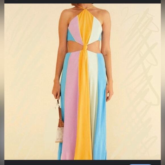 FARM Rio Dresses & Skirts - Colorblock Halter Cutout Maxi Dress - Pastel Yellow, Pink, Blue